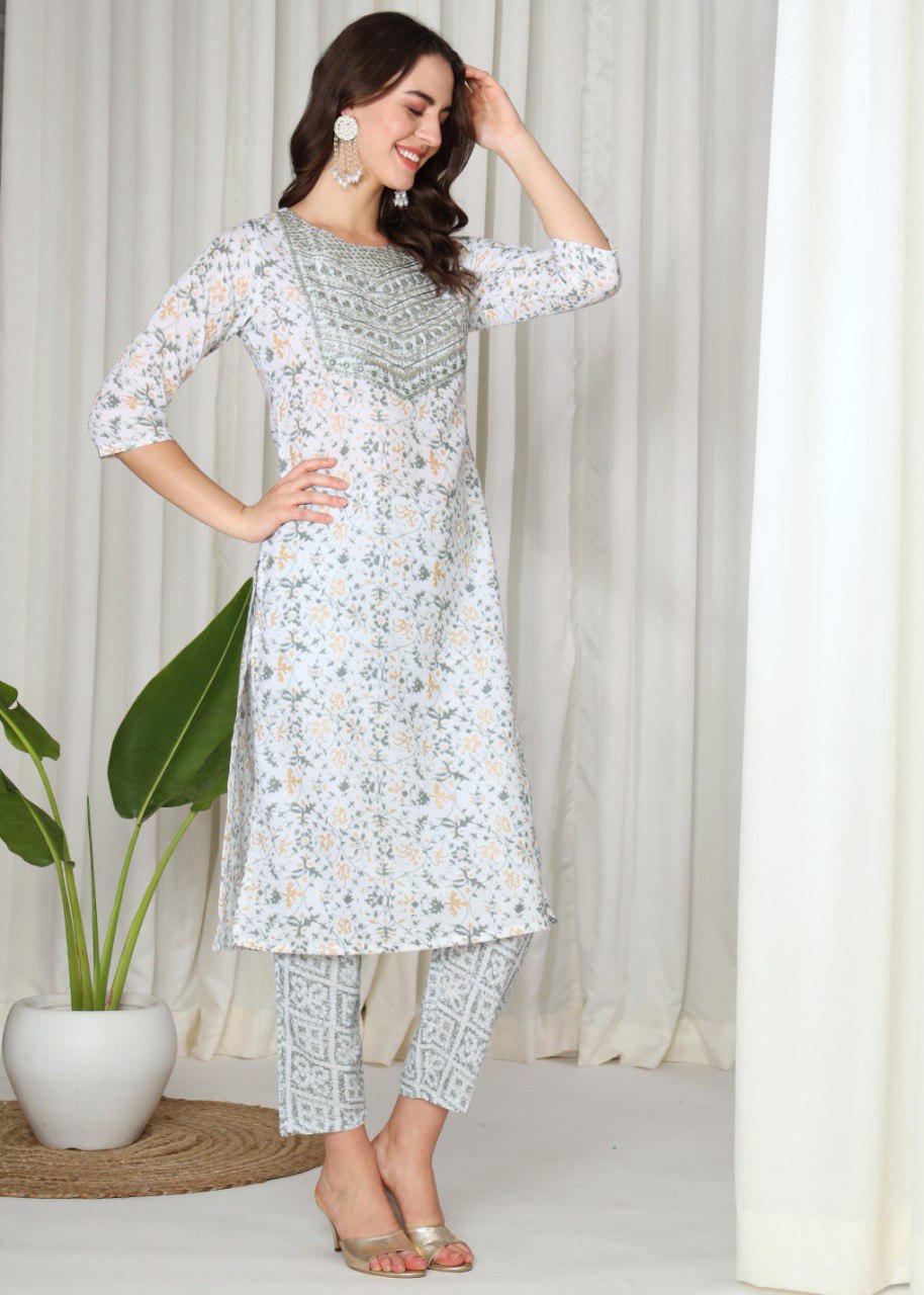Buy White Floral Kurti with Pants Set Online in India